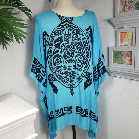 Source Unknown Other - Turquoise Blue Black Sea Turtle Kaftan Coverup Dress Kimono Caftan NEW One Size